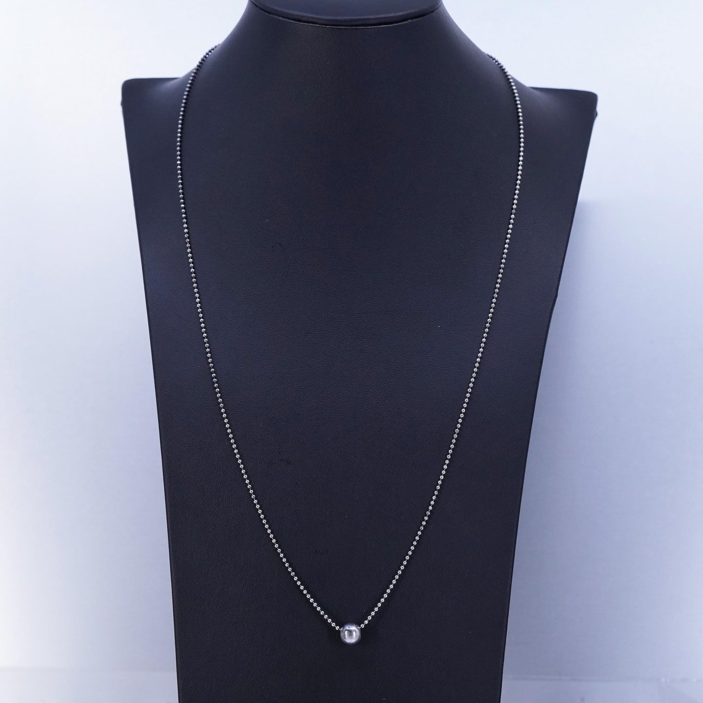 23” 1mm, vintage Italian Sterling 925 silver bead chain necklace with bead