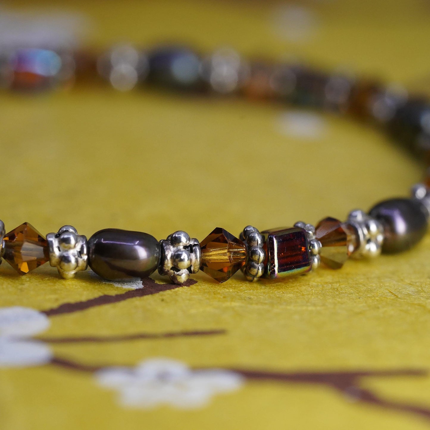 7+1”, vintage Sterling silver garnet citrine beads bracelet with black pearl