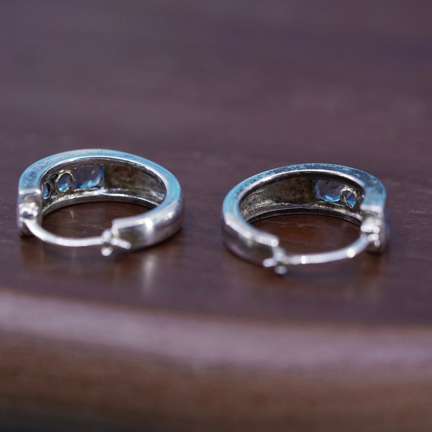 0.75”, vintage Sterling silver huggie earrings, 925 hoops with blue cz