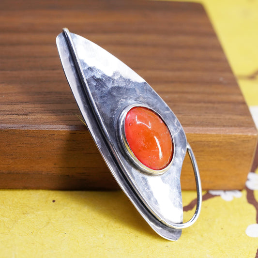Modernist Sterling Silver 925 Red dragon breath Brooch, Abstract Leaf Pendant