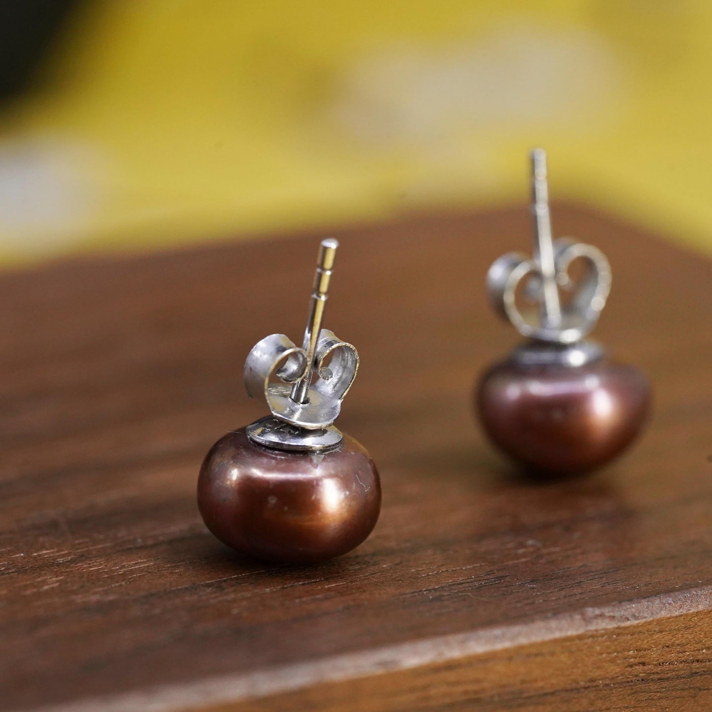 8mm, Vintage 925 Sterling silver handmade studs earrings bronze tone pearl