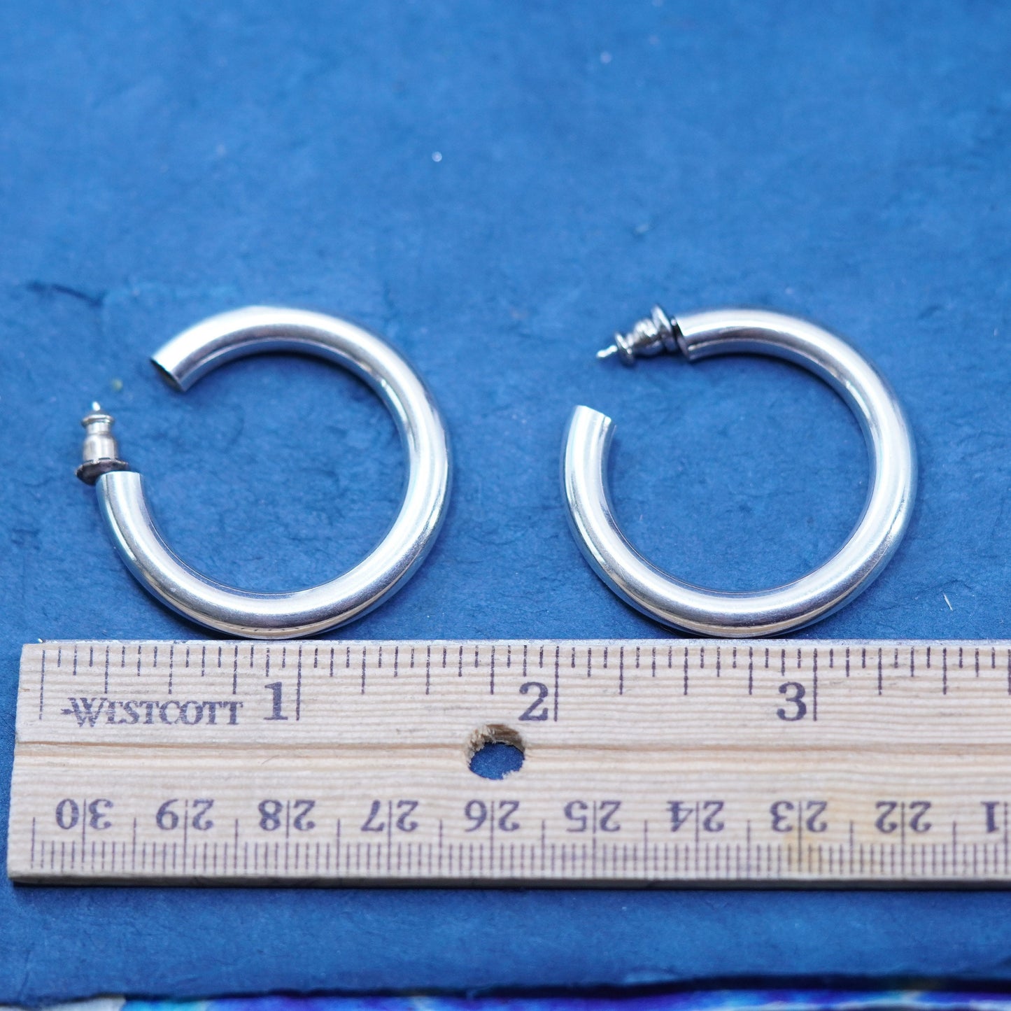 1.25”, vintage Mexico Sterling silver handmade textured 925 hoops, bold huggie