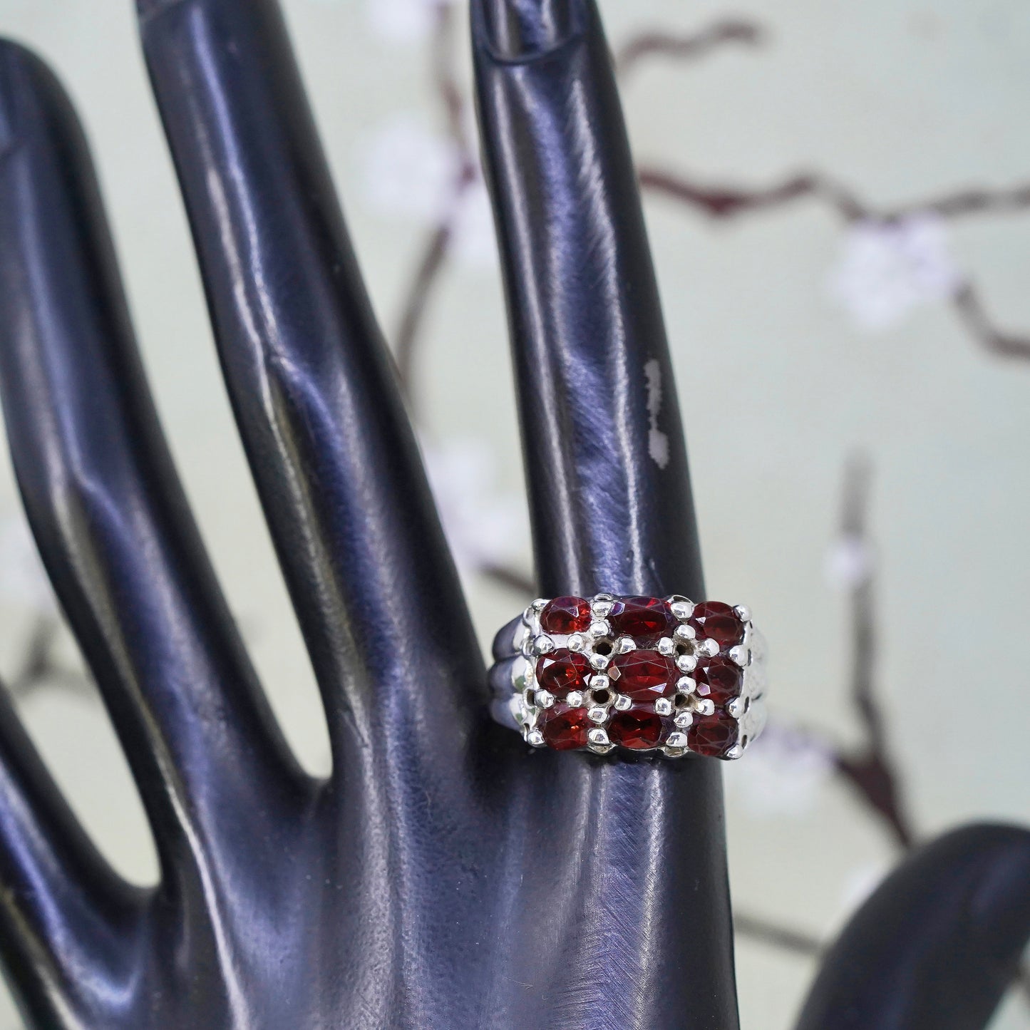 Size 9.75, vintage sterling silver 925 handmade ring with cluster ruby