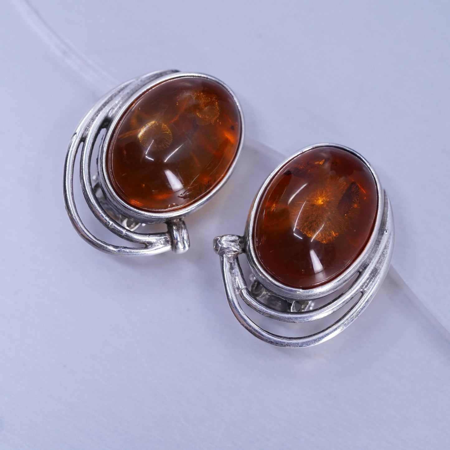 Vintage Sterling 925 silver handmade earrings, oval clip on with amber