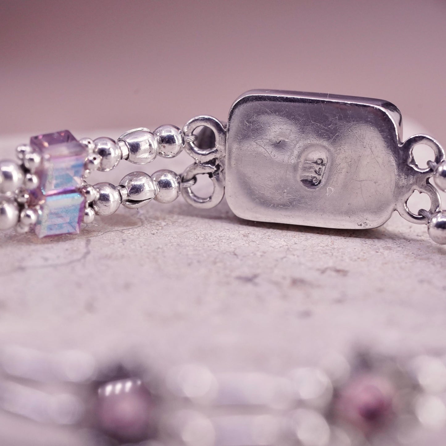 7.5", VTG Sterling 925 silver handmade tennis bracelet amethyst crystal beads