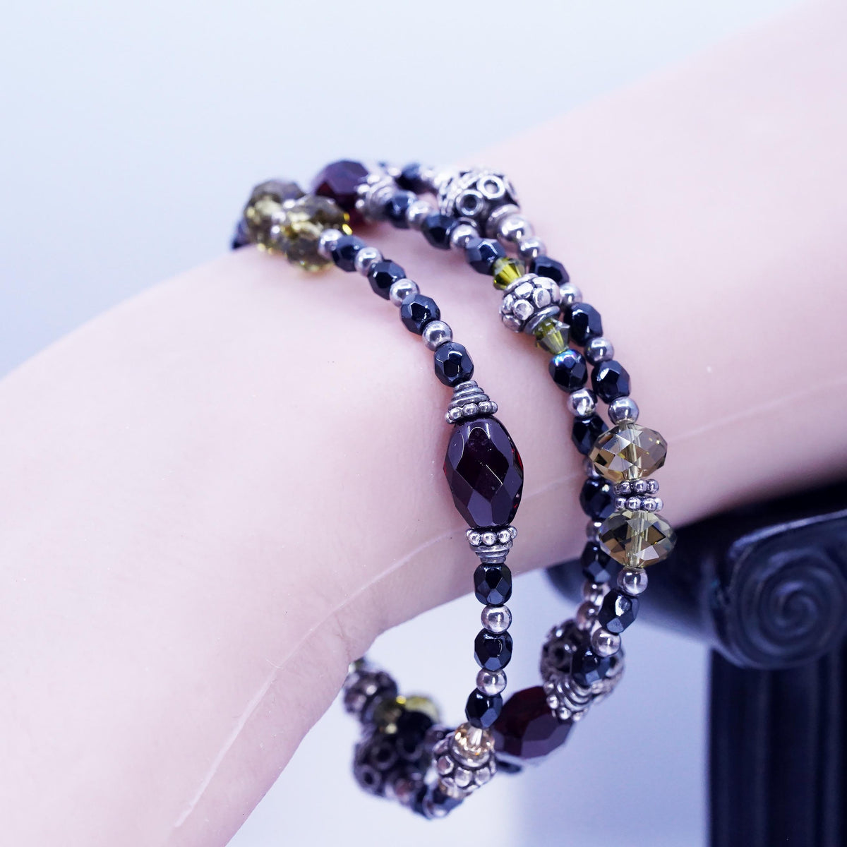 6.5”, VTG Sterling 925 silver multi strands bracelet citrine garnet onyx beads
