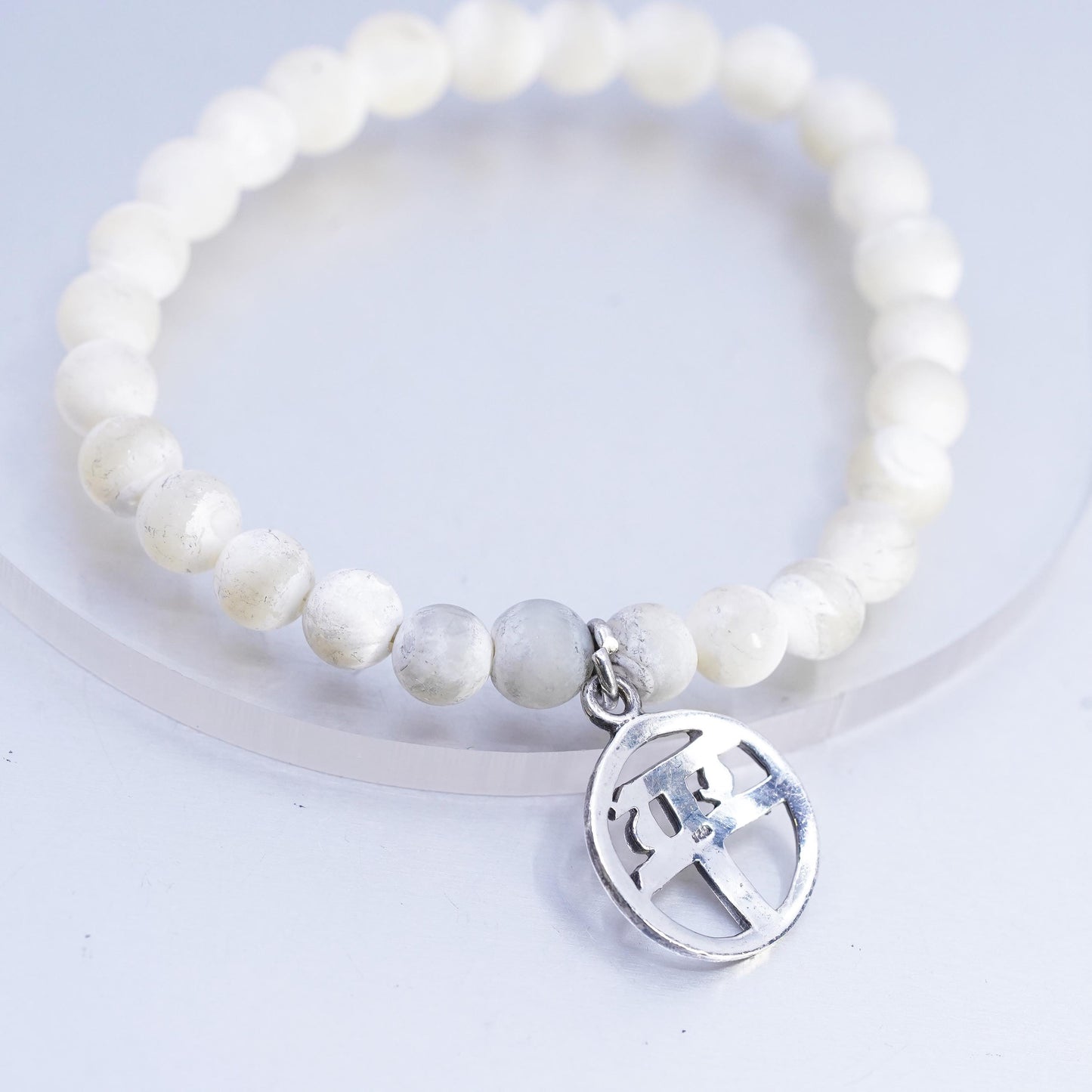 6.5", Sterling 925 silver stretchy bracelet moonstone beads “balance” charm