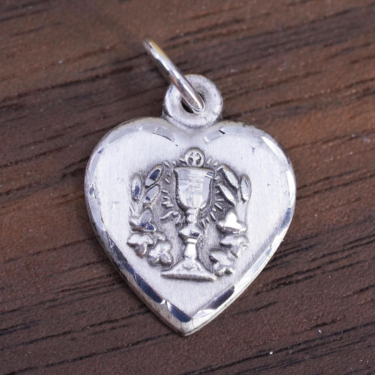 Sterling Silver 925 Heart Pendant, Eucharist Grapes, Wheat Religious Tag Charm