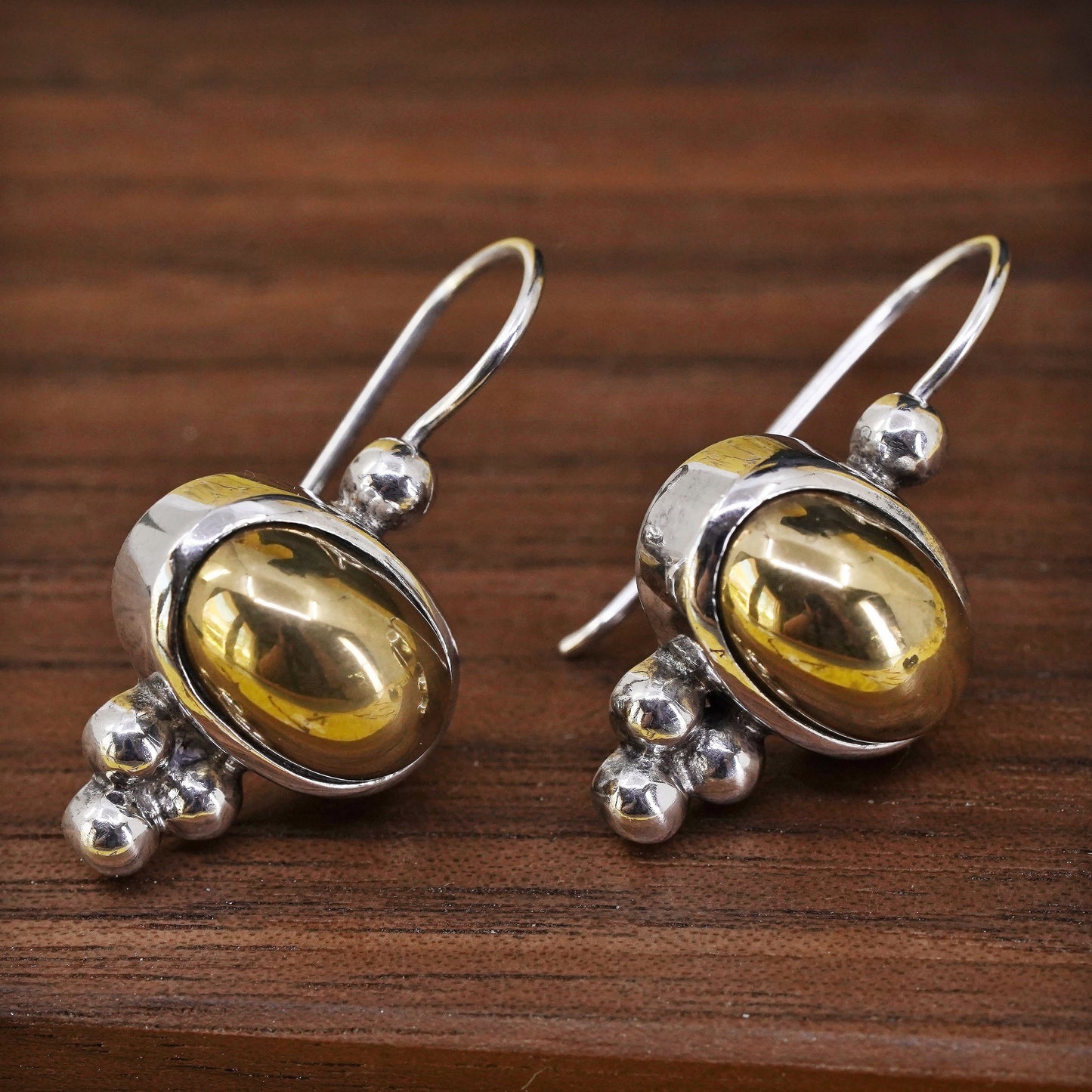 two tone Sterling silver handmade earrings, Mexican 925 hoops with brass beads