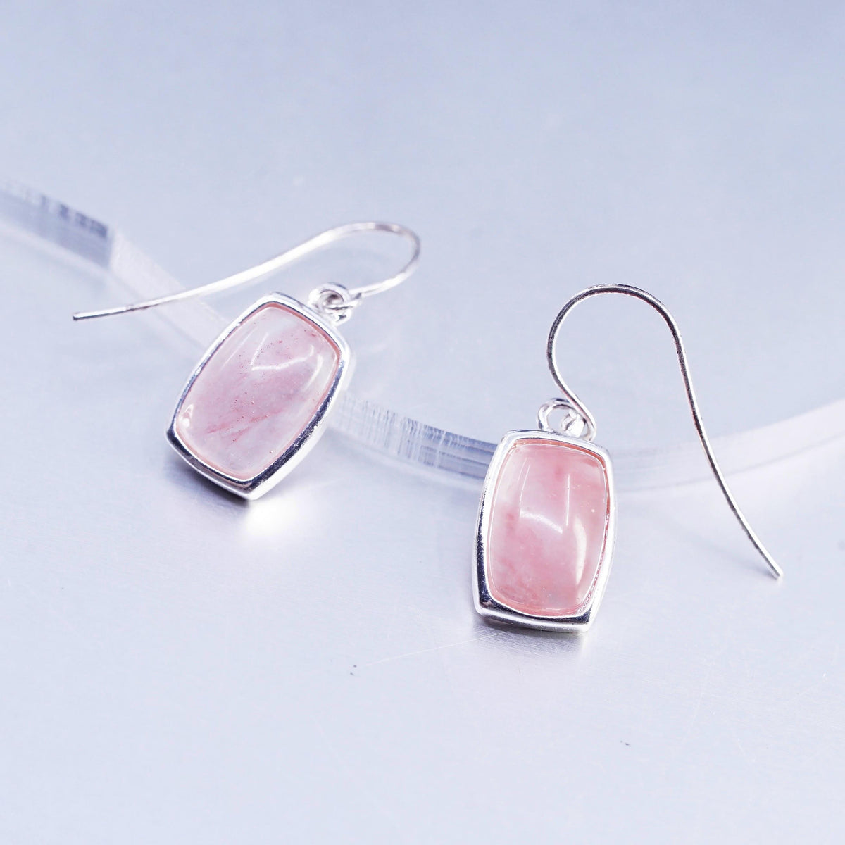 Vintage Sterling 925 silver handmade earrings with pink rose quartz