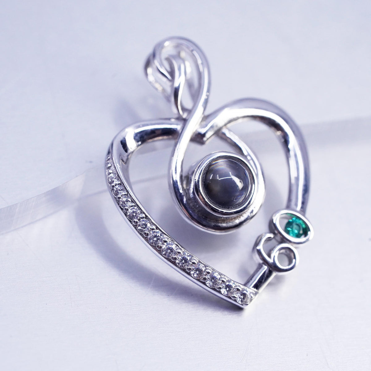 Vintage sterling 925 silver heart pendant Cz engraved I love you multi language