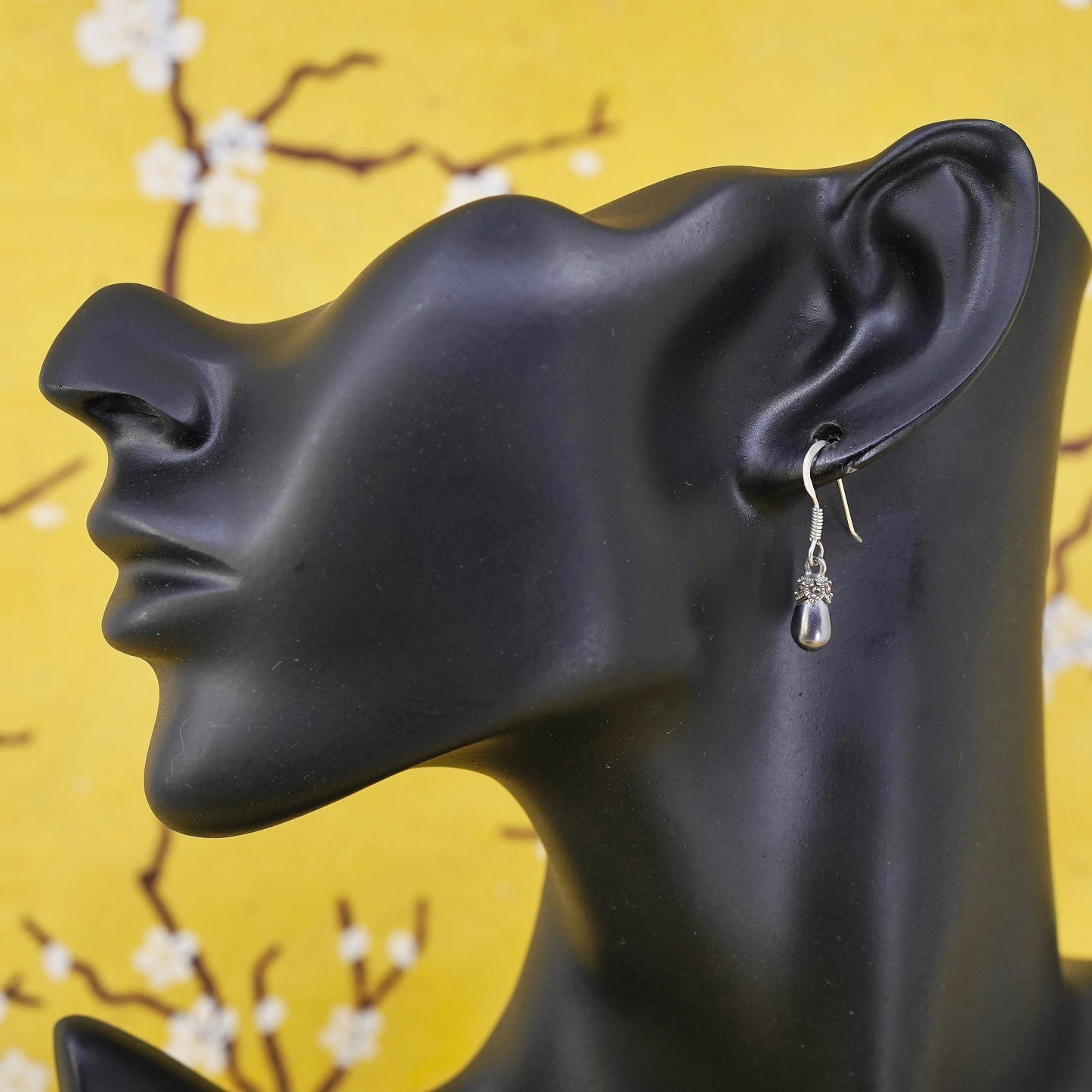 Vintage Sterling 925 silver handmade earrings with black pearl