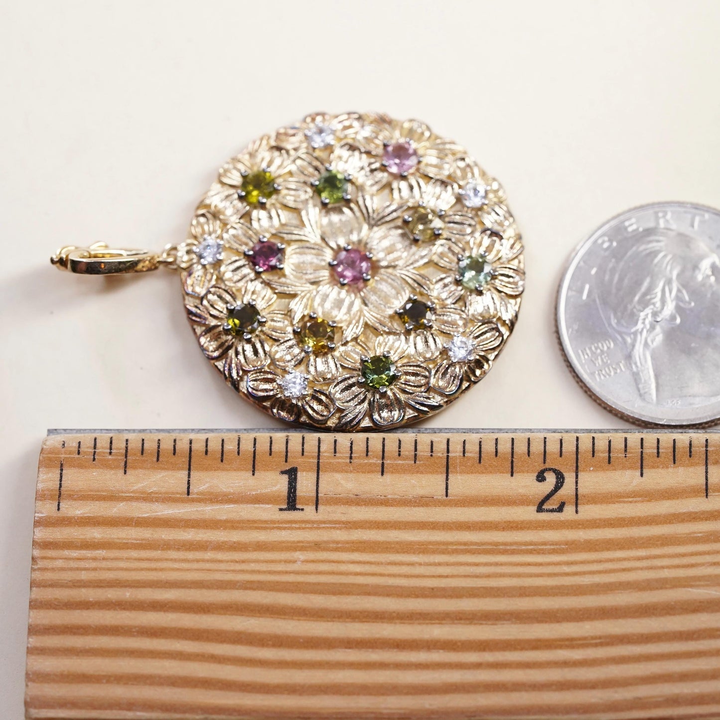 Vintage gold plated Sterling 925 silver textured flower pendant multi gemstones