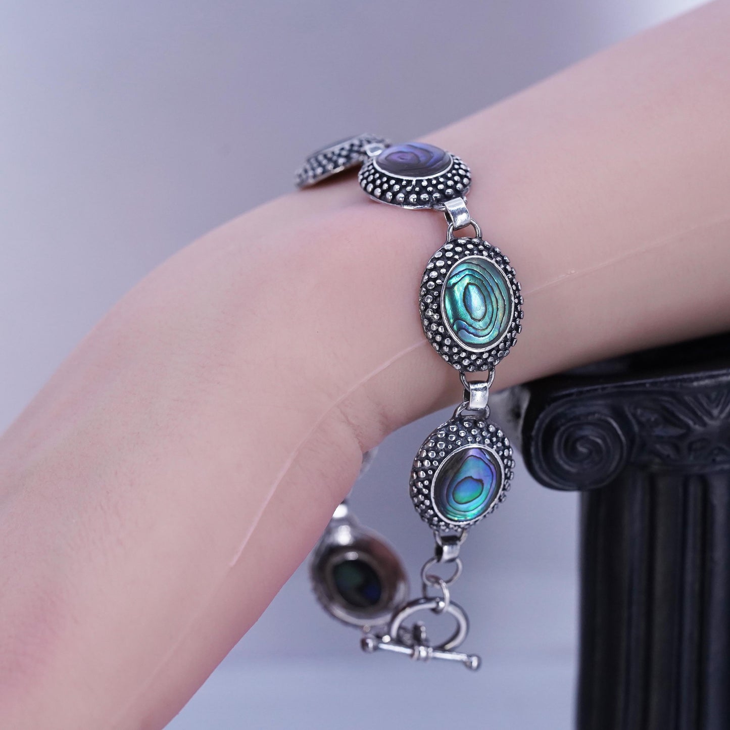 7.75”, Sterling 925 silver handmade bracelet with abalone and toggle closure