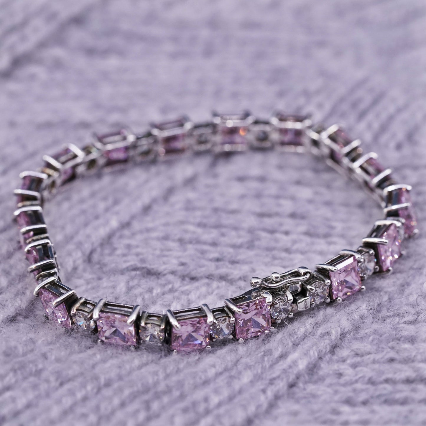 7.25”, vintage Sterling silver tennis bracelet, solid 925 silver pink crystal