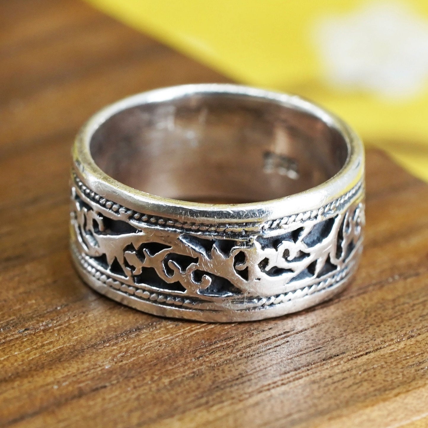 Size 4.75, vintage sterling silver handmade ring, 925 stackable patterned band