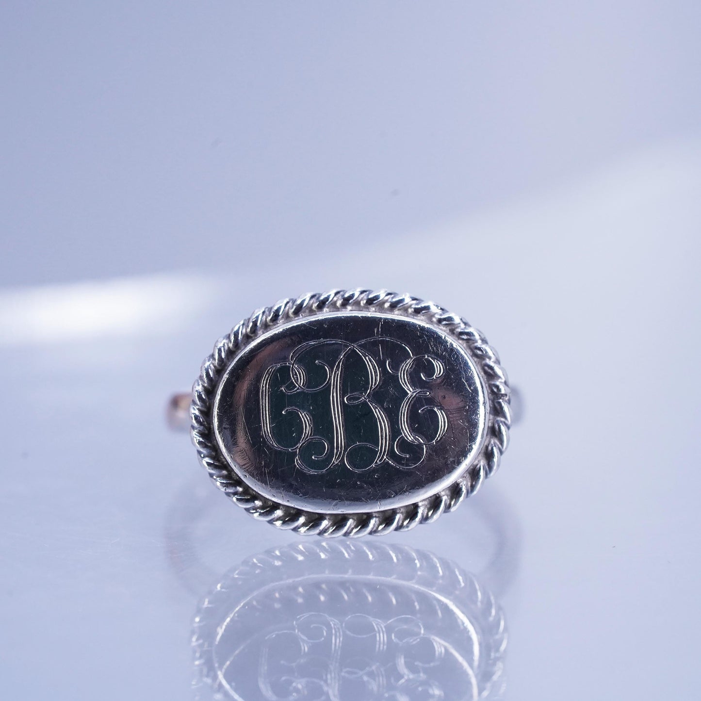 Size 7, Sterling 925 silver handmade heart ring, monogram initial “CEB” band