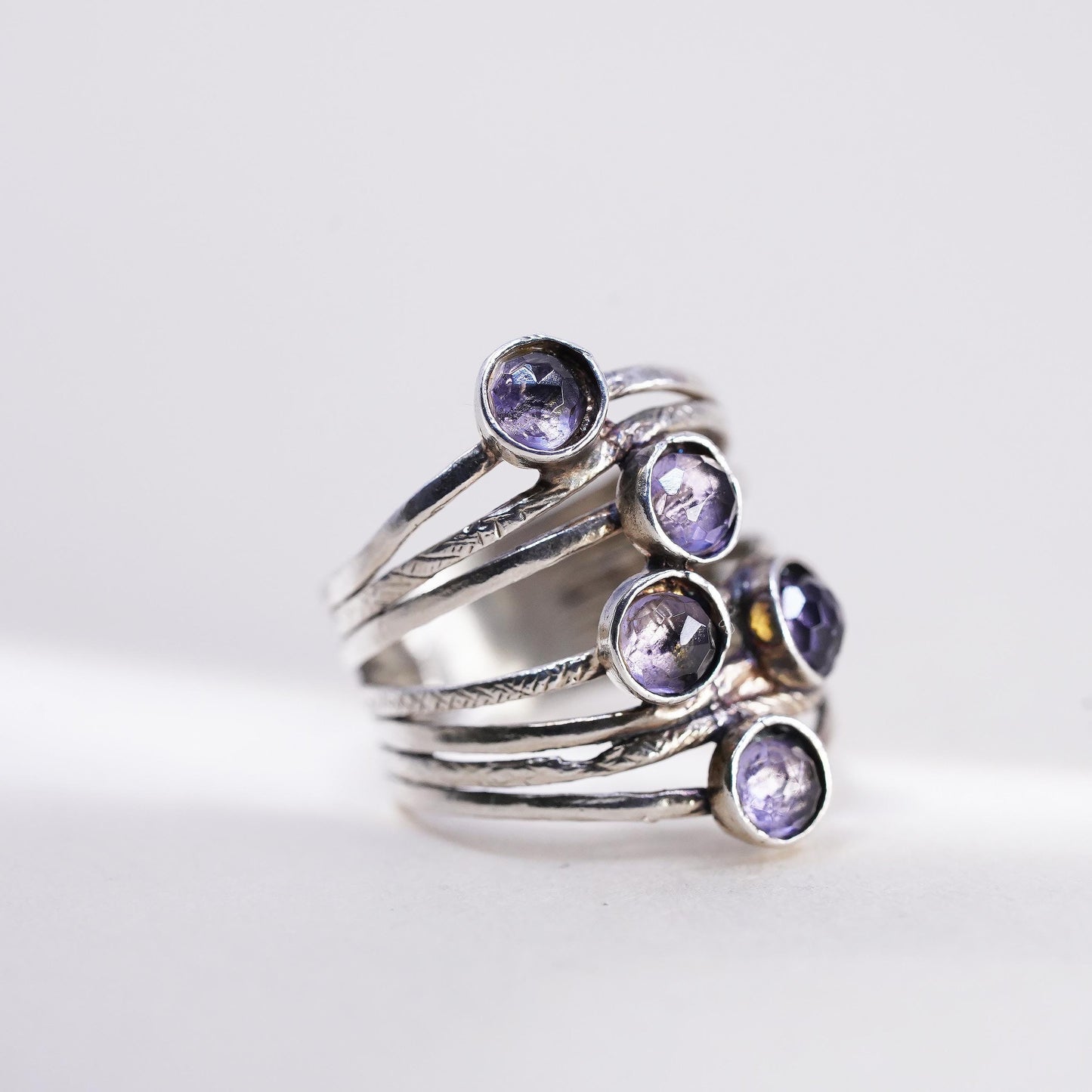 Size 6, VTG Signed Sterling 925 silver cocktail ring amethyst, wide multi band