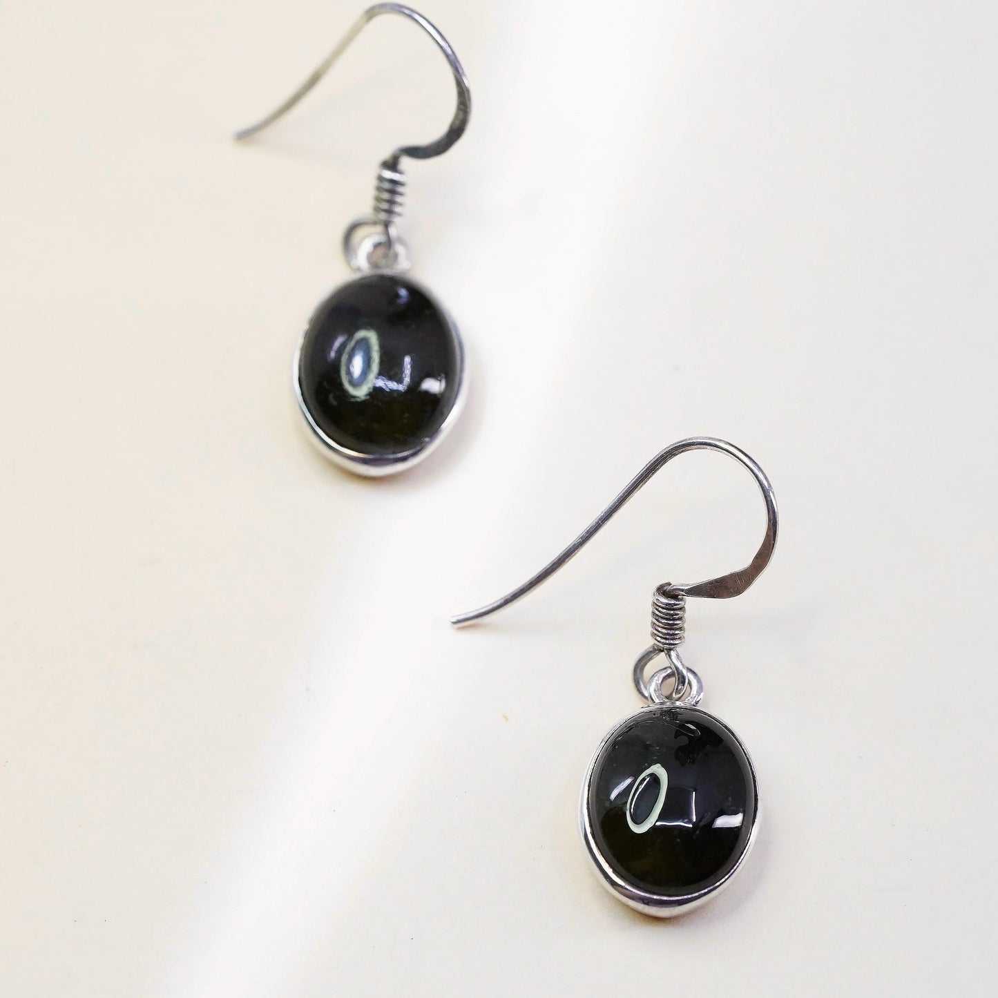 Vintage sterling 925 silver earrings, oval black onyx, handmade