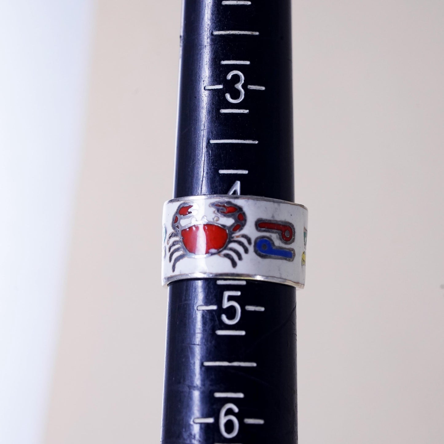 Size 4, vintage Sterling silver ring, 925 enamel tribal folk art statement band