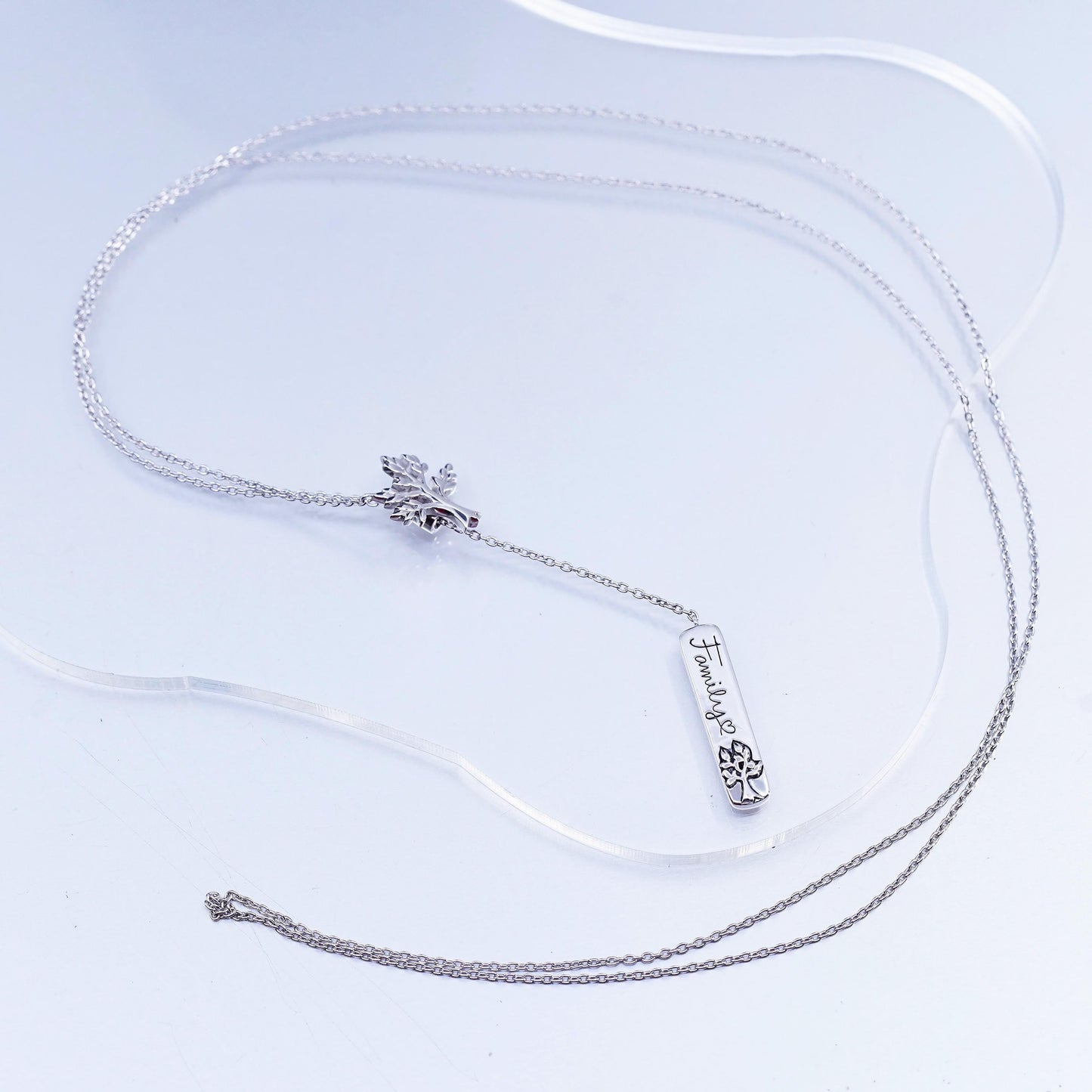 32" Sterling 925 silver extra long circle necklace w/ tree tag embossed family