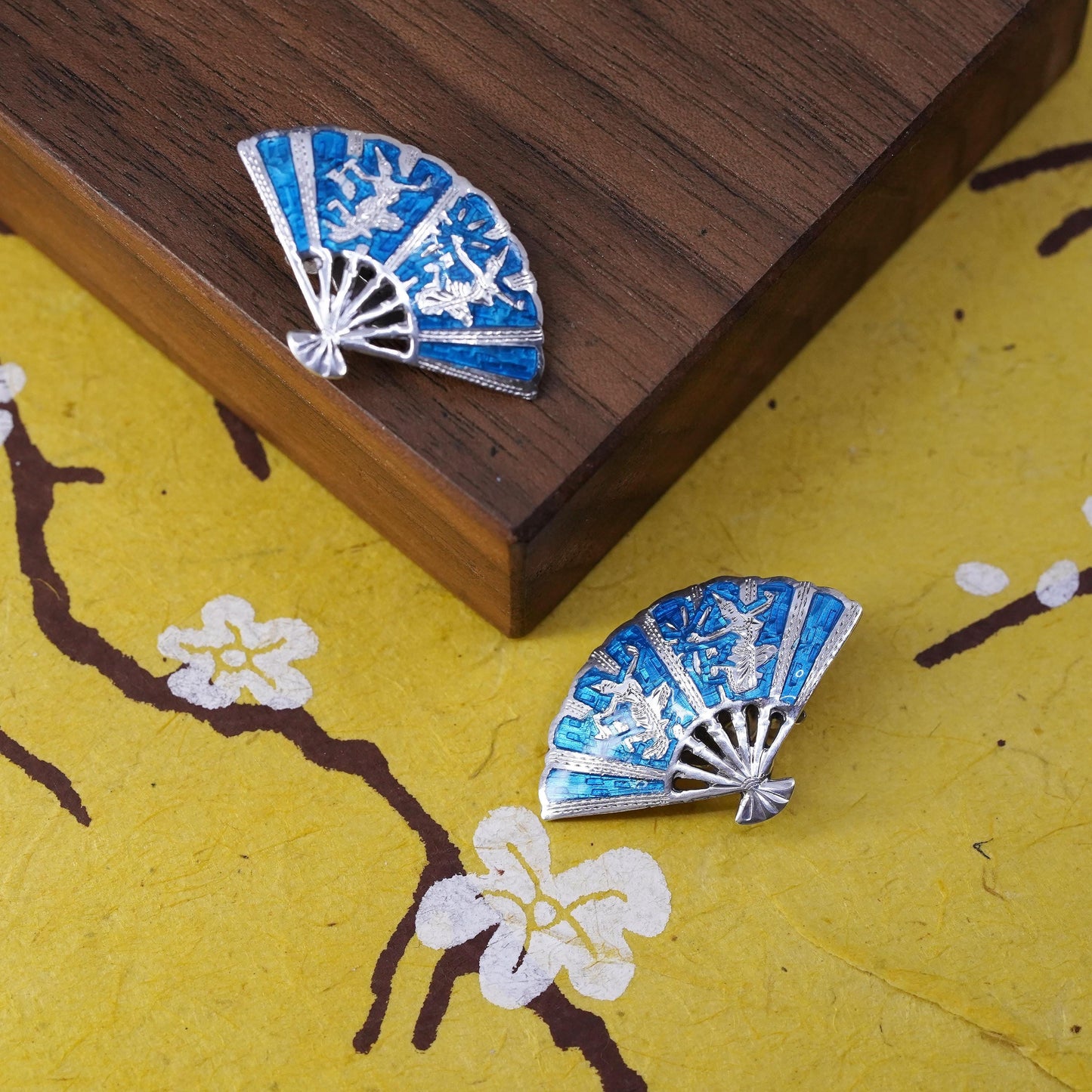 Siam sterling silver clip on, 925 India blue enamel fan earrings, niello silver