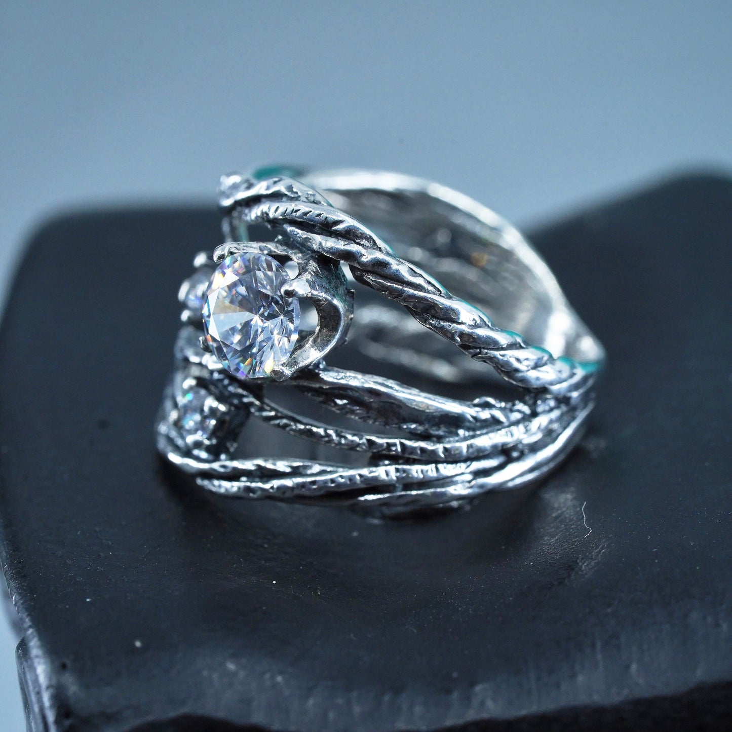 Size 7.5, Shablool Didae sterling silver ring, handmade woven 925 band with cz