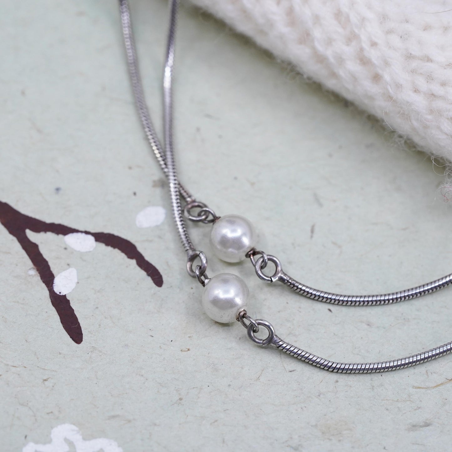 24", Vintage sterling silver necklace, white pearl beads w/ snake silver chain