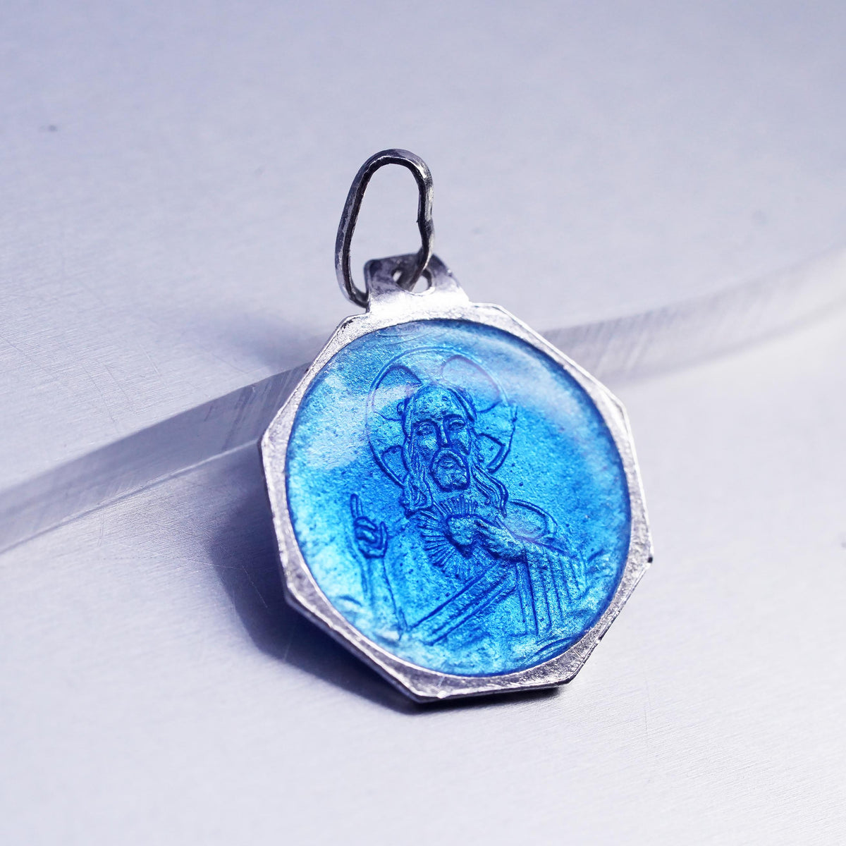 Blue Enamel Jesus Sacred Heart Virgin Mary Religious Double Sided Medal Pendant