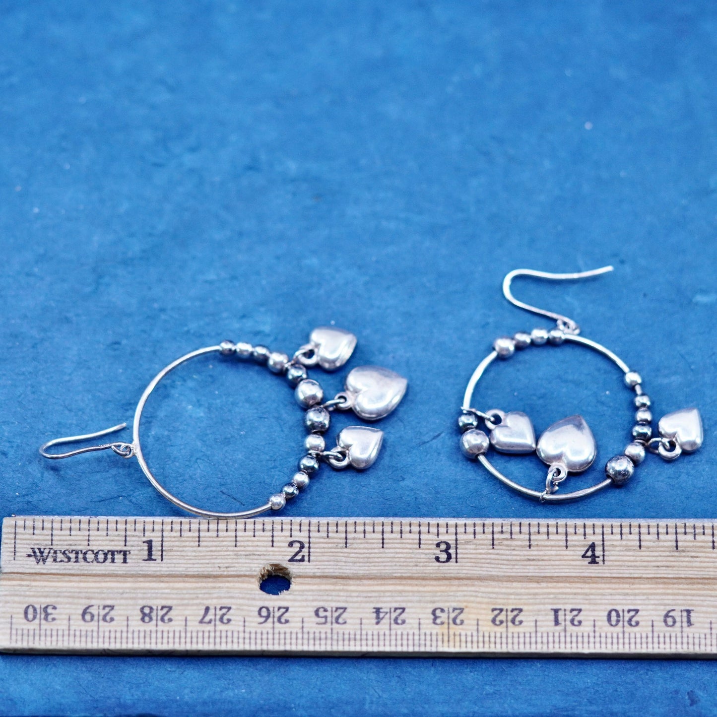 Vintage Italian Sterling silver handmade circle earrings, 925 heart charms
