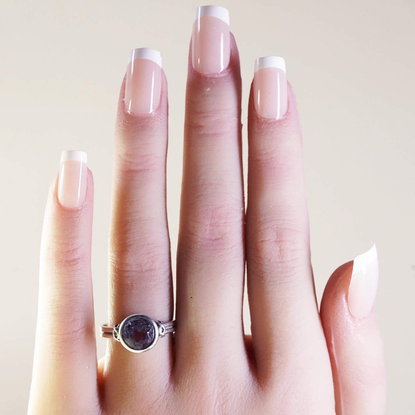 Size 7.5, vintage Sterling silver handmade ring, 925 band with round amethyst
