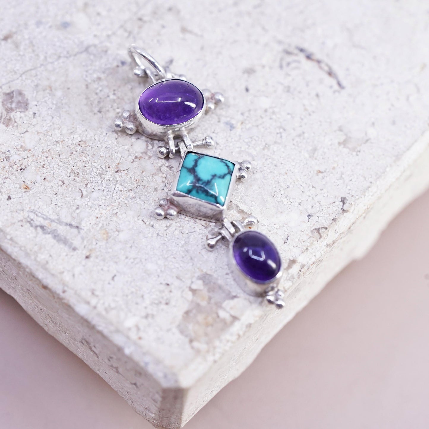 Vintage Sterling silver handmade pendant, 925 turquoise amethyst charm