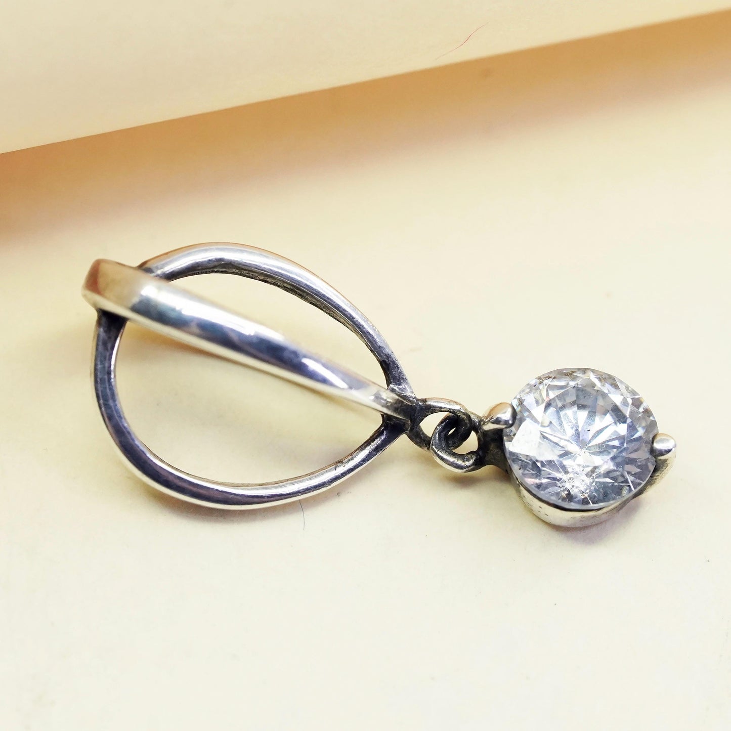 Vintage modern sterling 925 silver cage pendant with cz charm