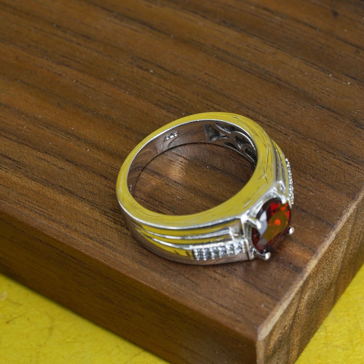 Size 10, Sterling 925 silver handmade statement ring with ruby and diamonds