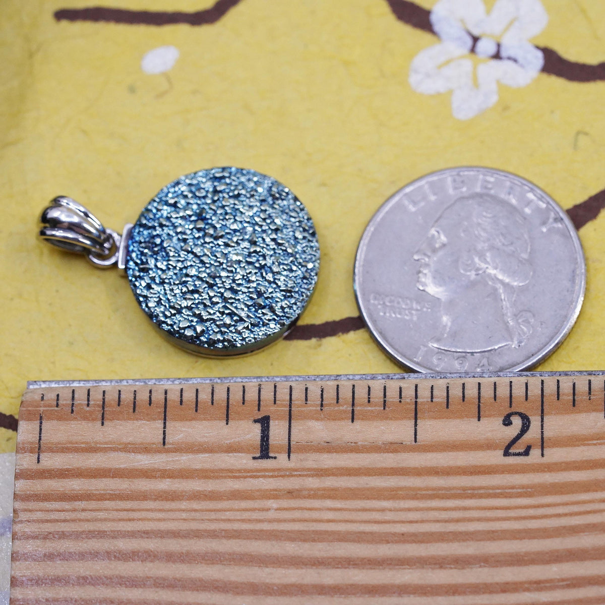 Vintage Sterling silver handmade pendant, 925 circle with blue druzy stone