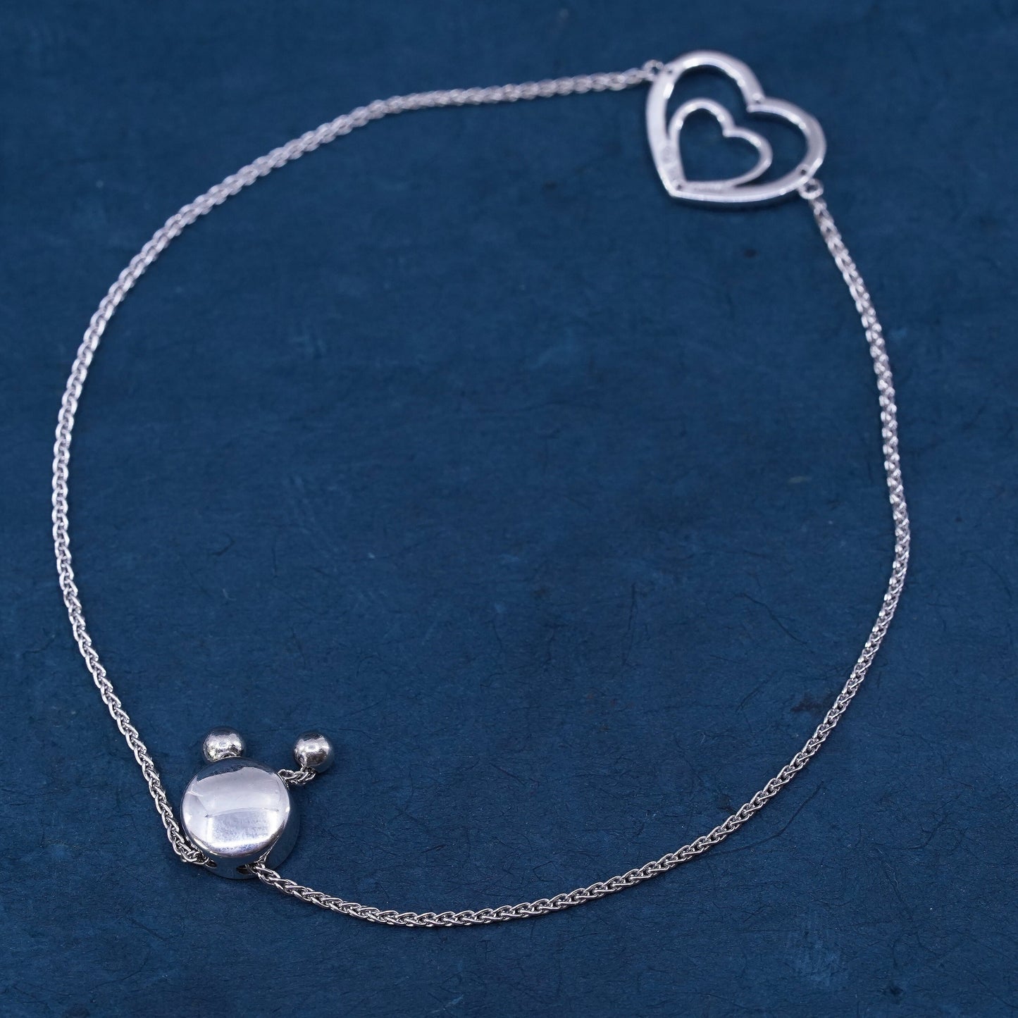 Size adjustable, Sterling 925 silver circle chain bracelet diamond heart charm