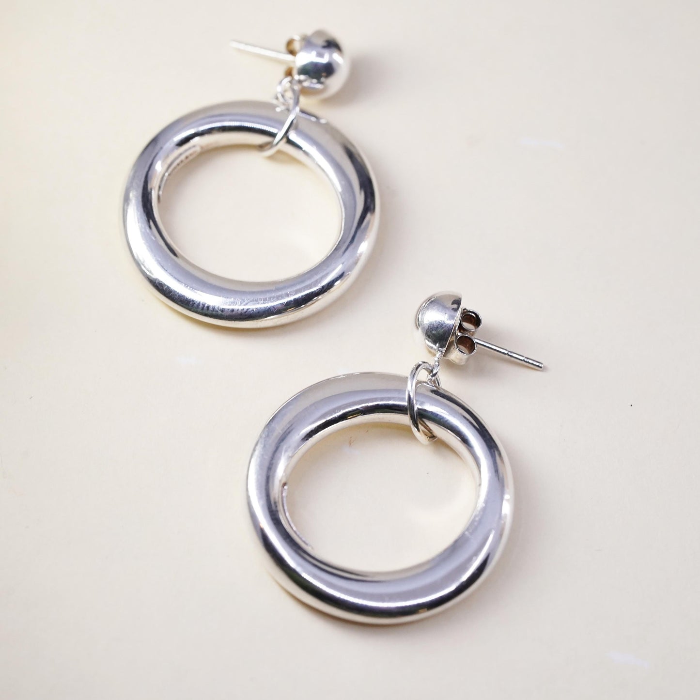 Vintage sterling silver handmade earrings, 925 circles dangles