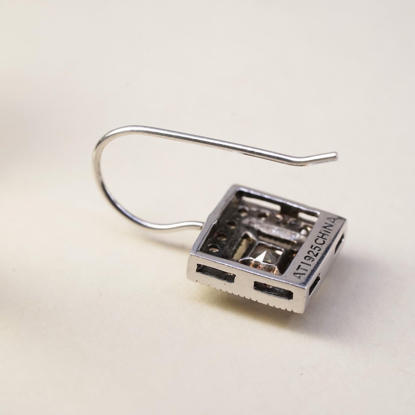 Vintage sterling silver single earring, 925 silver square dangle with clear Cz