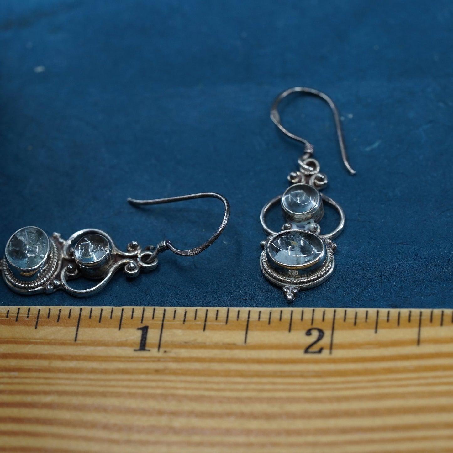Vintage Sterling silver cluster earrings, 925 dangles with blue crystal beads