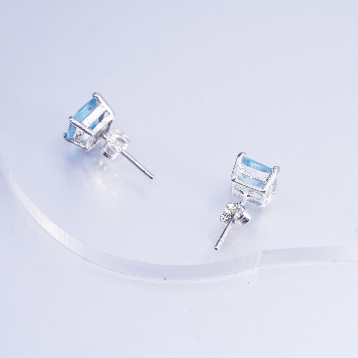 Vintage Sterling 925 silver earrings, square studs with 7mm topaz inlay