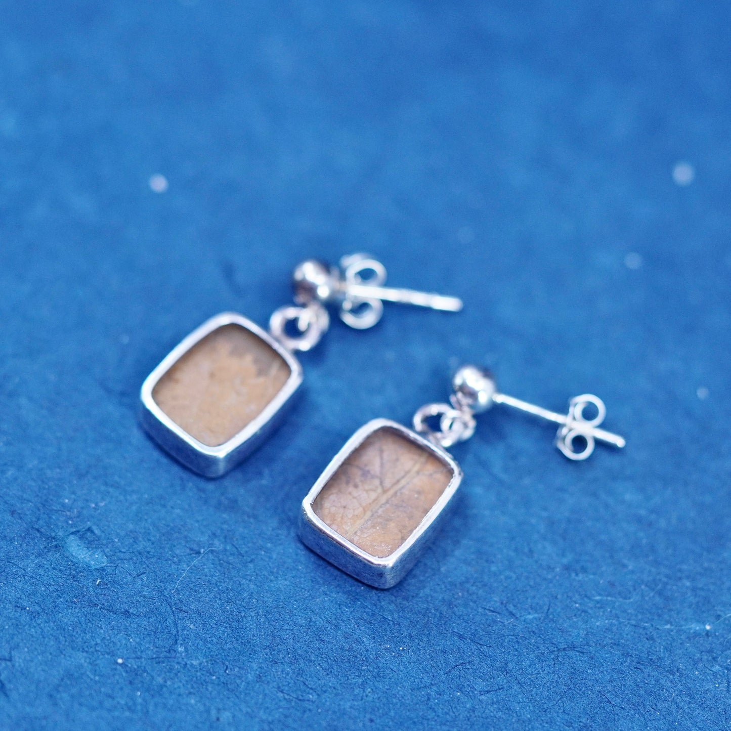 Vintage sterling silver handmade earrings, 925 drops with leaf inlay