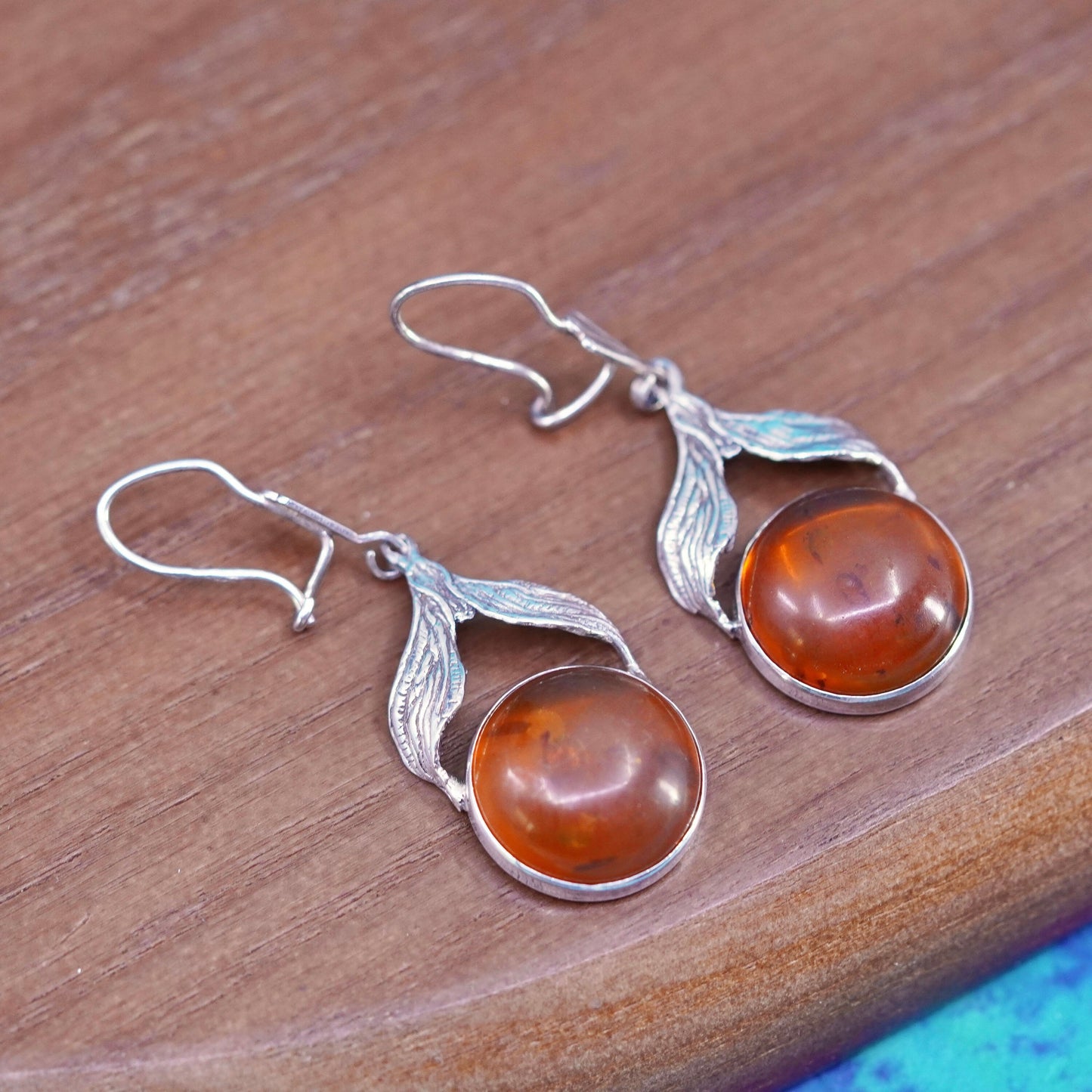 Vintage sterling 925 silver handmade leafy earrings with round amber