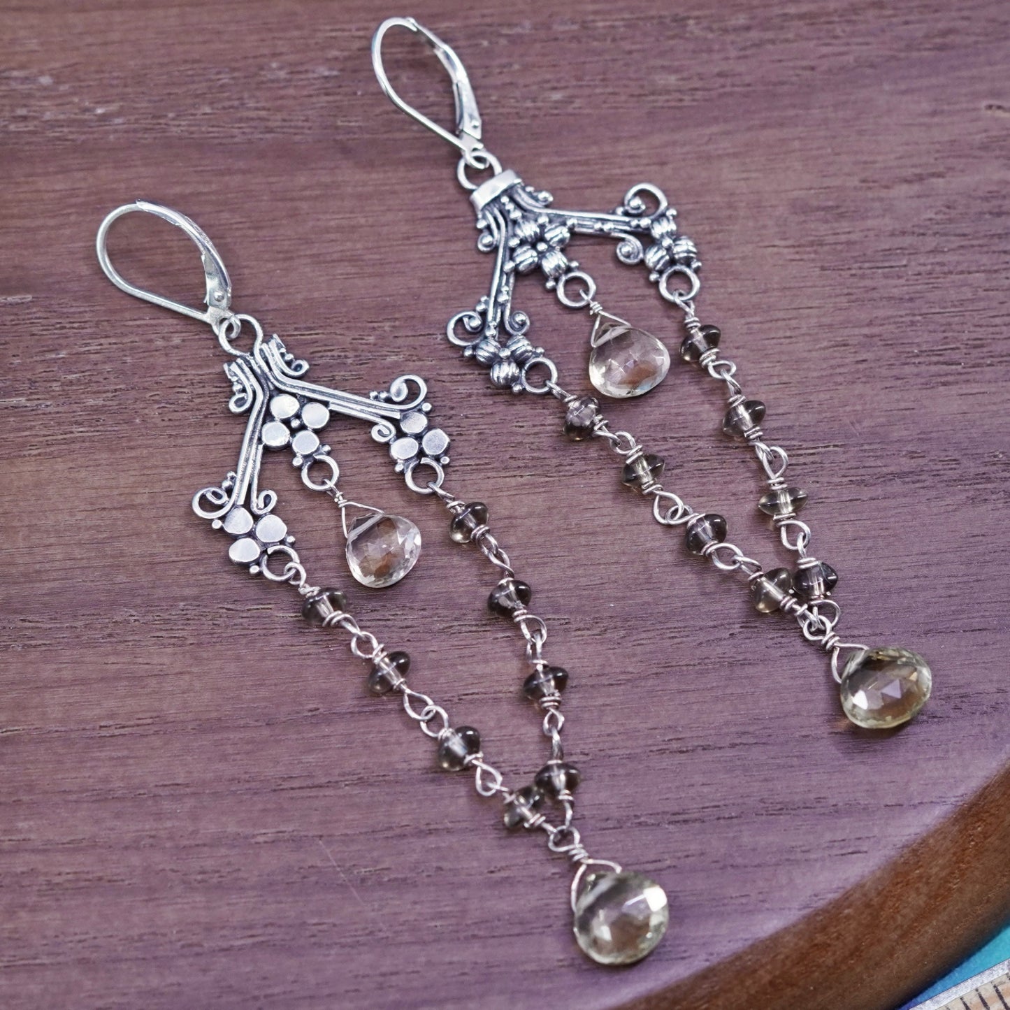 Sterling 925 silver handmade extra long earrings teardrop smoky topaz, dangle