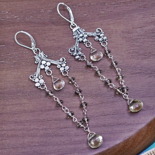 Sterling 925 silver handmade extra long earrings teardrop smoky topaz, dangle