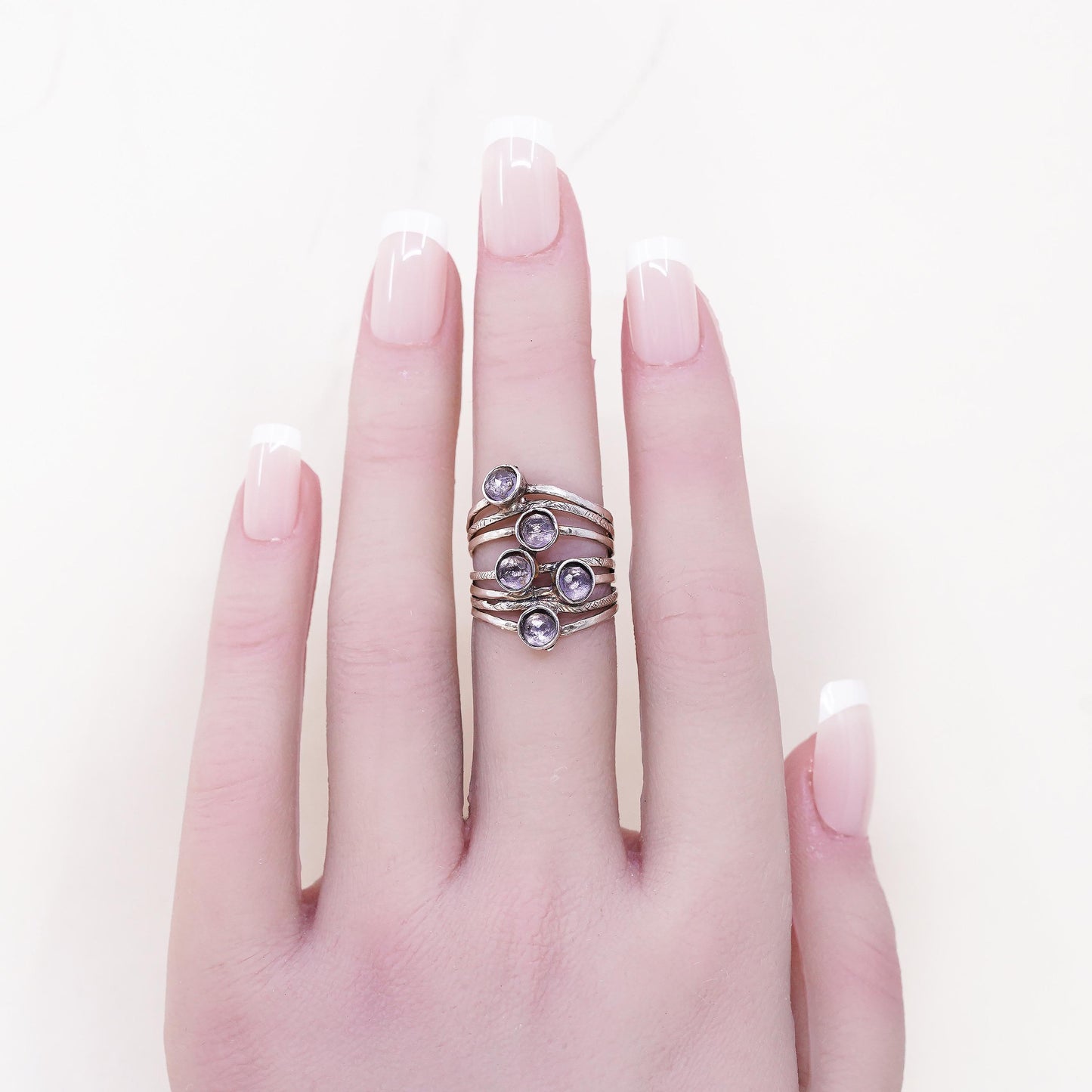 Size 6, VTG Signed Sterling 925 silver cocktail ring amethyst, wide multi band