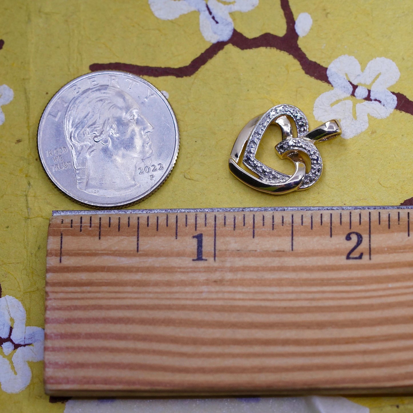 Vintage gold over sterling silver pendant, 925 double hearts genuine diamond
