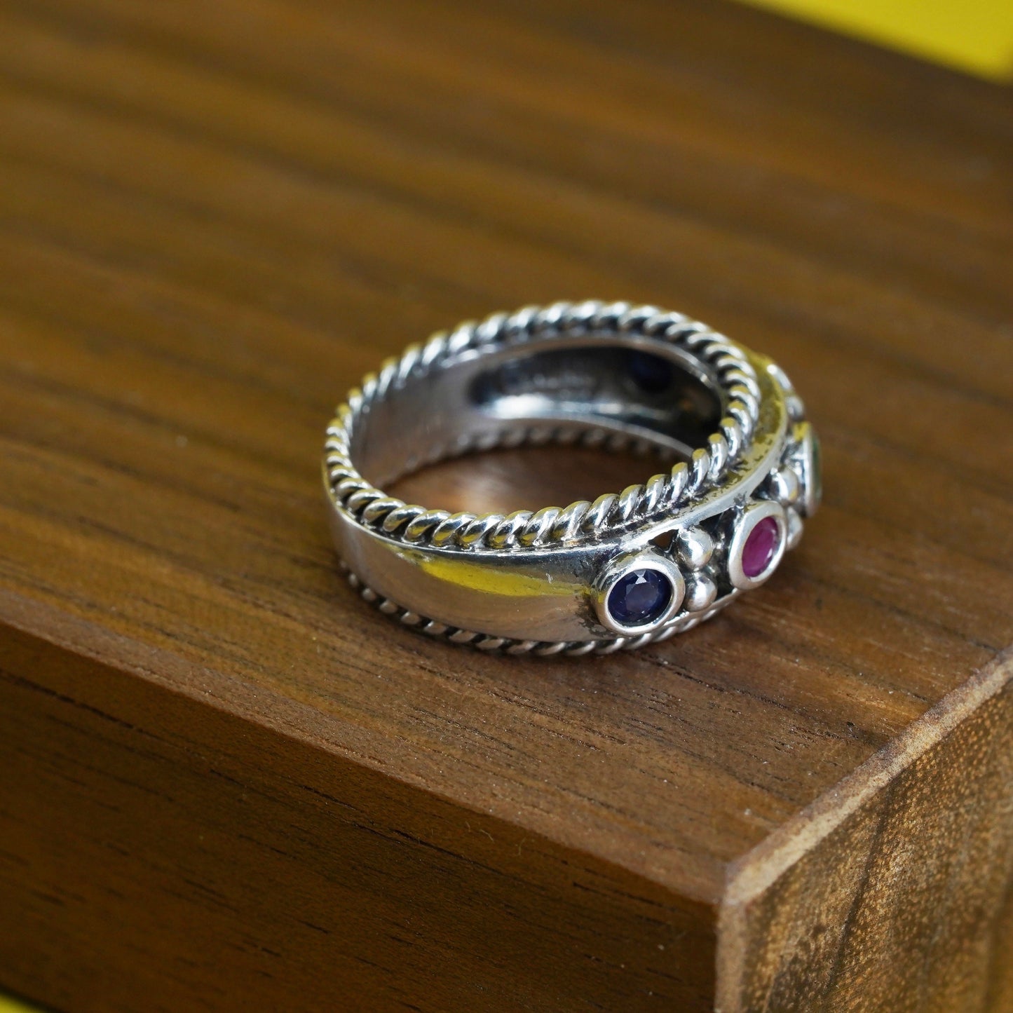 Size 6, sterling 925 silver handmade band ring with emerald ruby and garnet