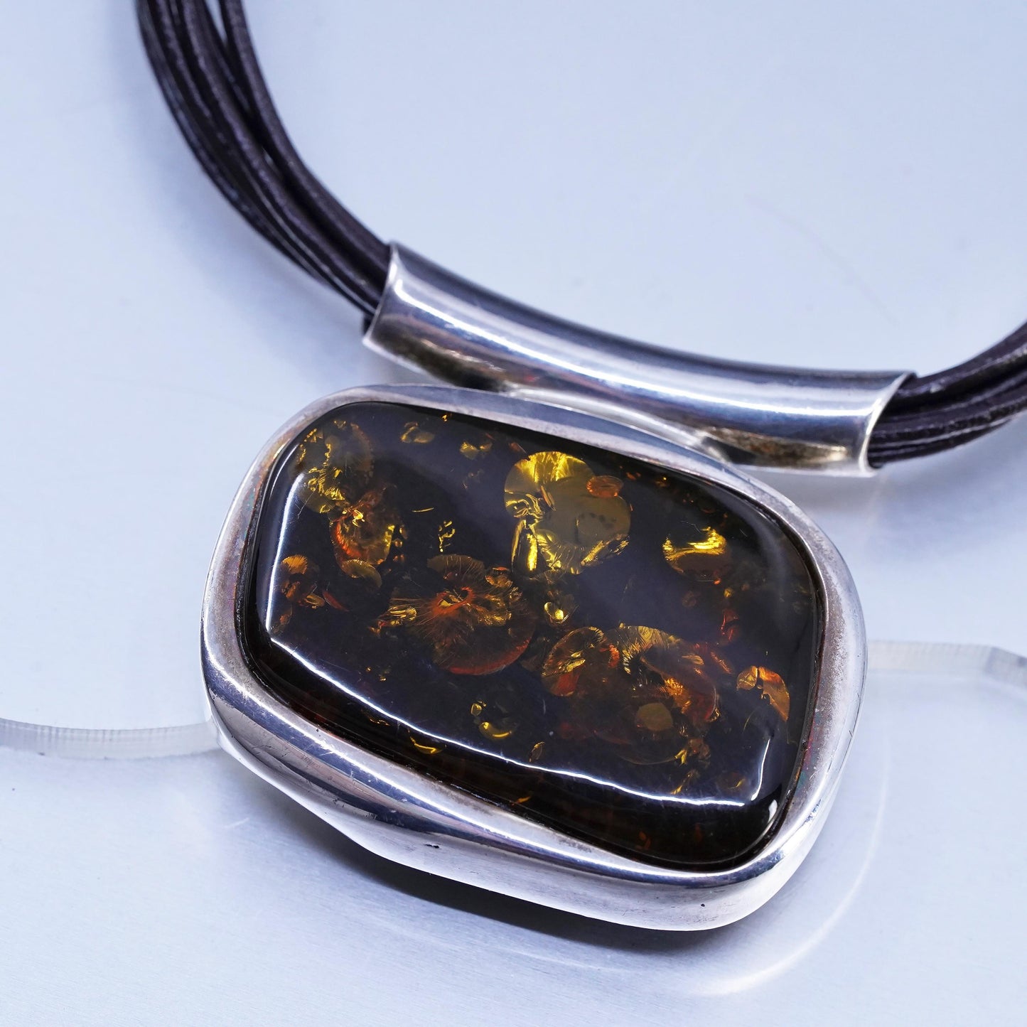 16", VTG Sterling 925 Silver multi strands black Leather Necklace Amber pendant