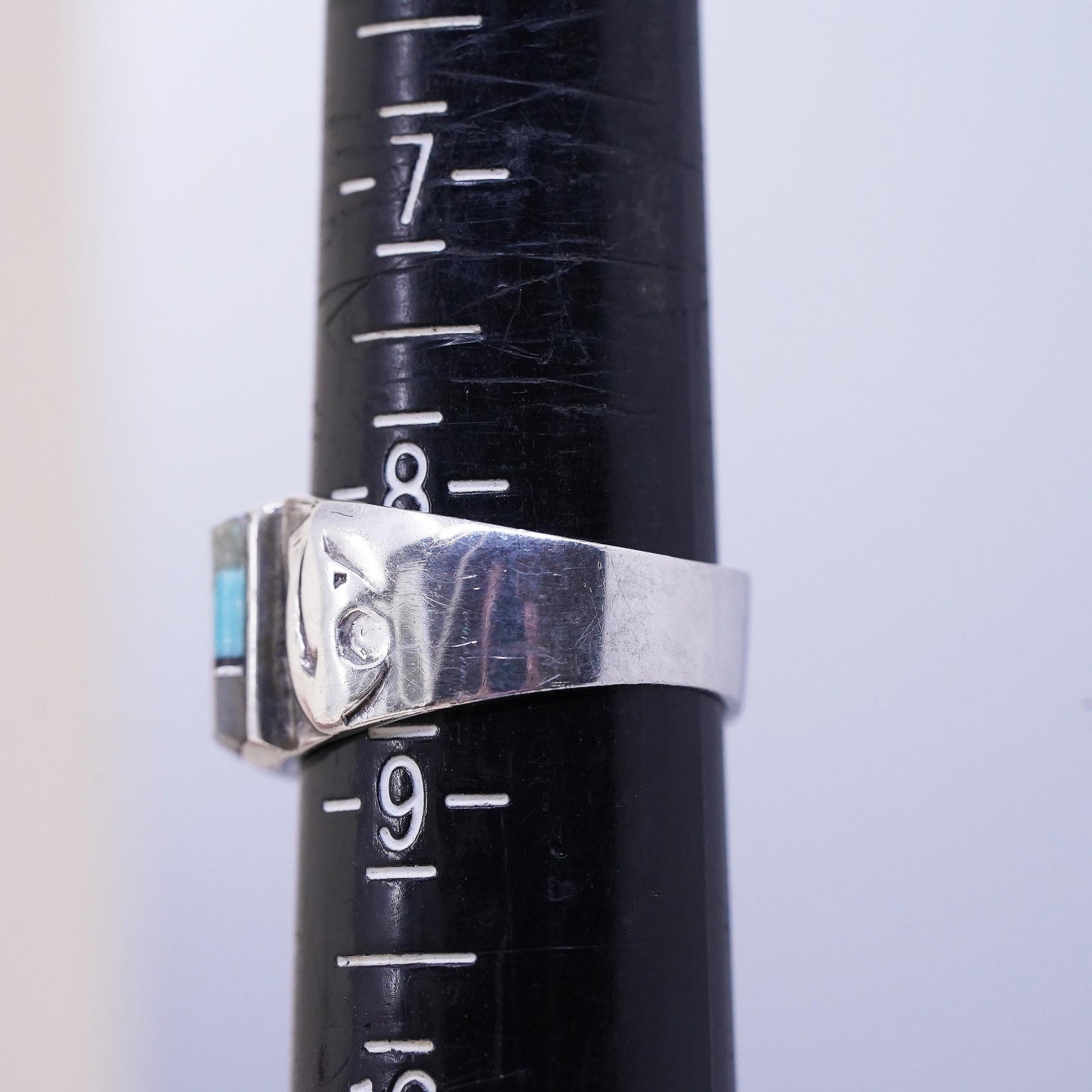 Size 8.25, Native American QT Sterling Silver Ring, Turquoise Coral Mosaic Band