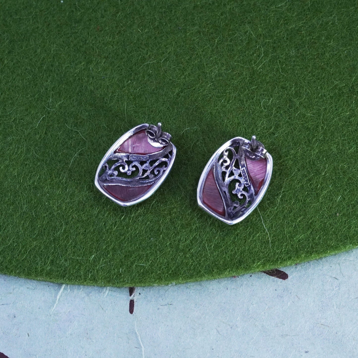 Vintage sterling silver handmade earrings, 925 studs with red onyx and filigree